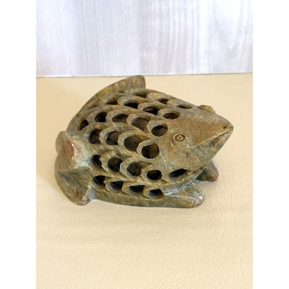 Hand Carved Soapstone Frog Figurine Openwork Sculpture Vintage Stone Animal EUC